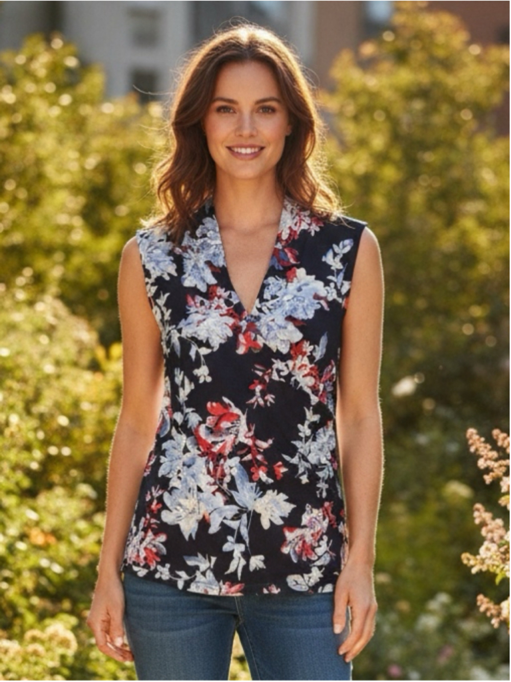 Anne Klein Floral Sleeveless Faux-Wrap Blouse Navy White Size S
